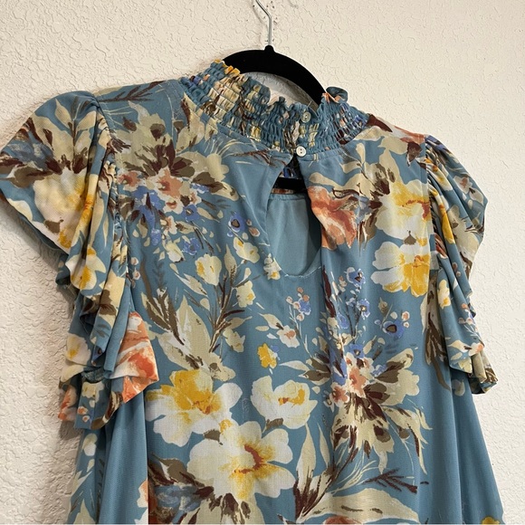 LIFE Love is for Eternity Blue Floral High Neck Keyhole Ruffle Top Womens Size M - Picture 8 of 12